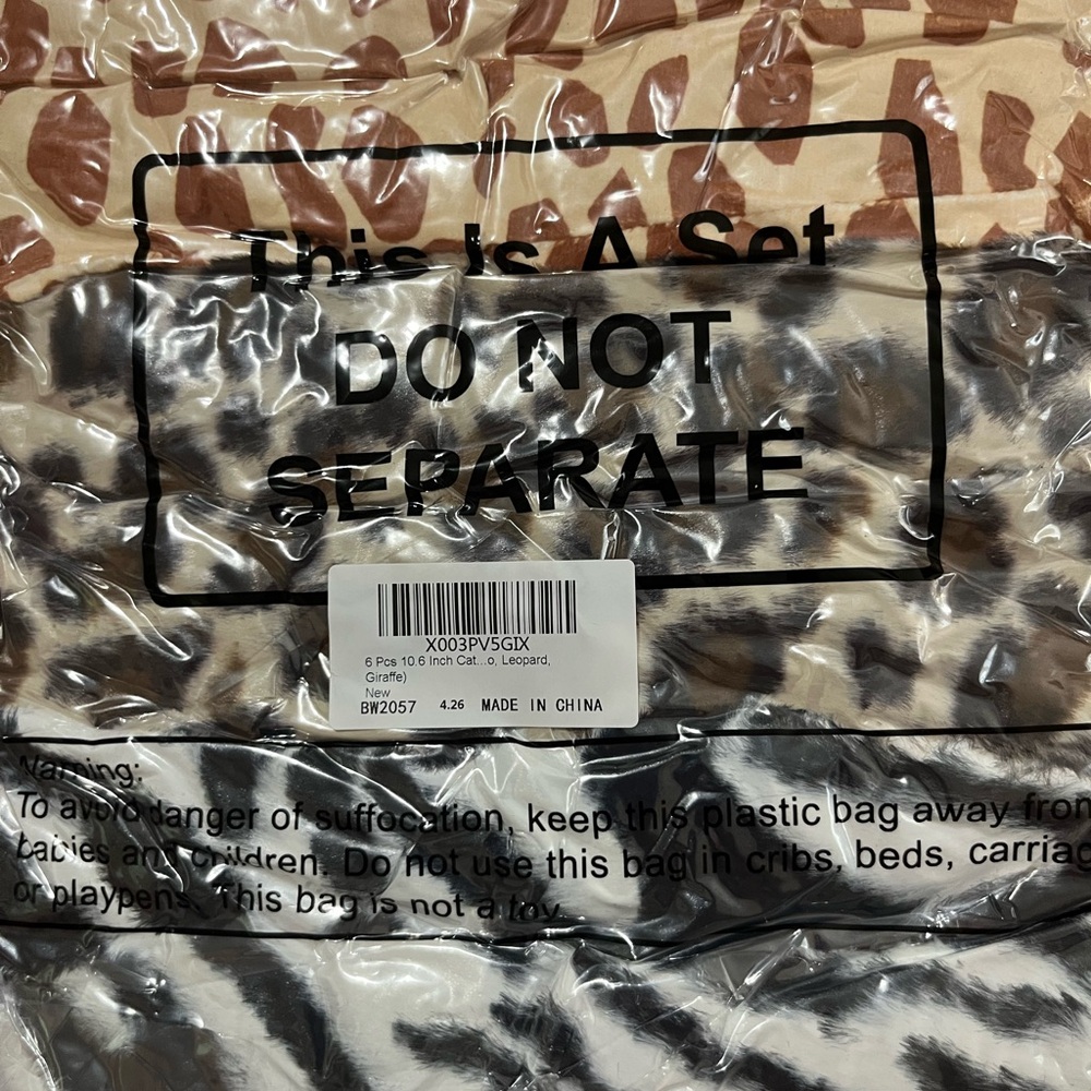 Cat Toy Animal Print 6 Piece Set- Leopard, Giraffe & Zebra Print